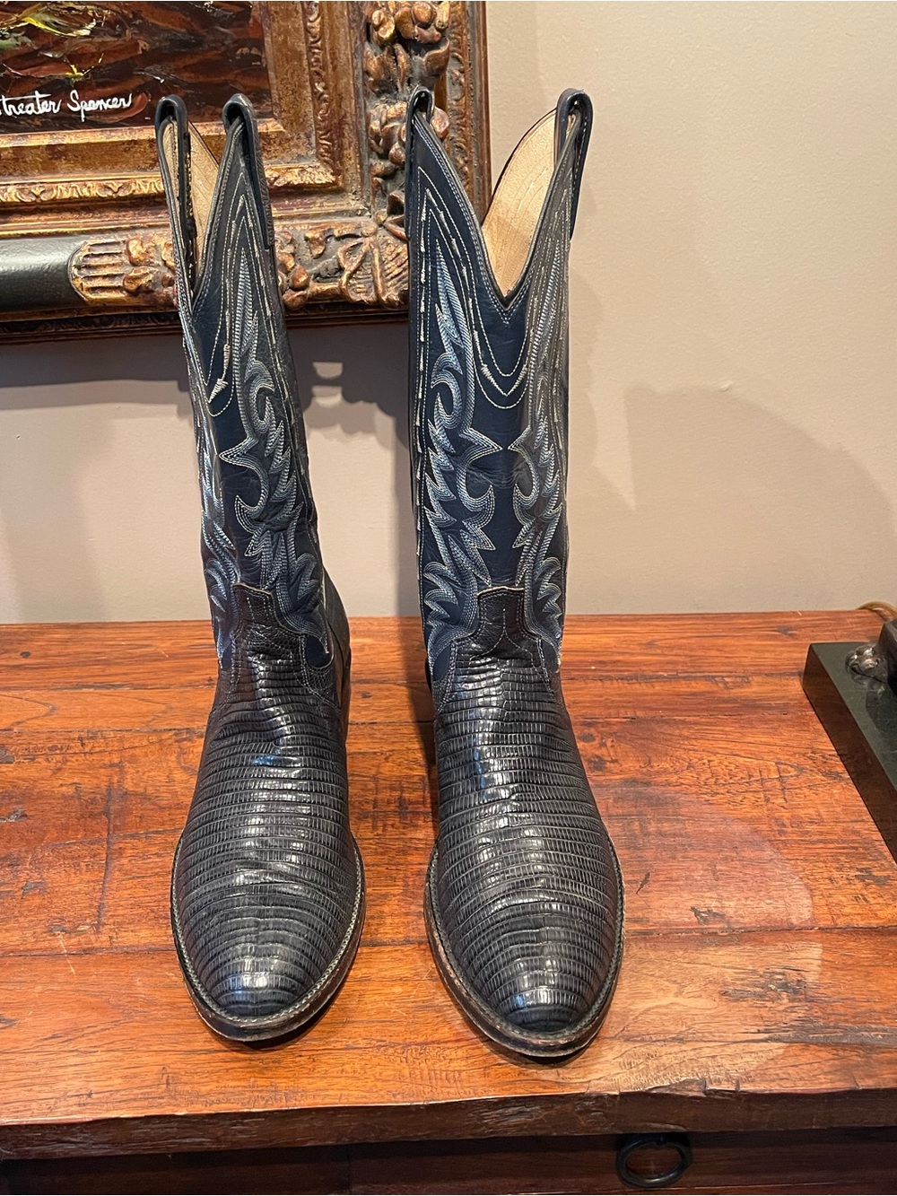 Dan Post Black Teju Lizard Skin Western Cowboy Boots with Embroidered Shaft